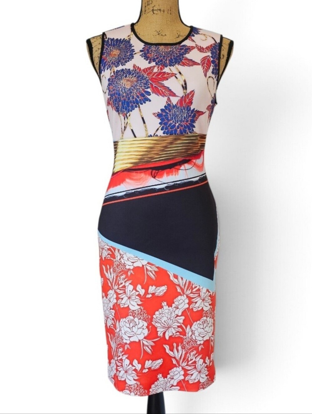 Clover Canyon Artistic Abstract Mixed Print Bodycon Sheath Midi Dress, Size M